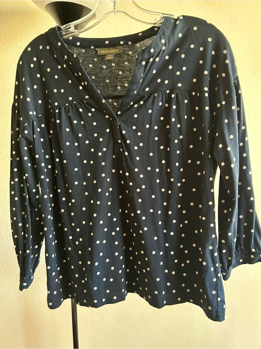Style and Co. Navy and White Polka Dot V‑Notch Long Sleeve top